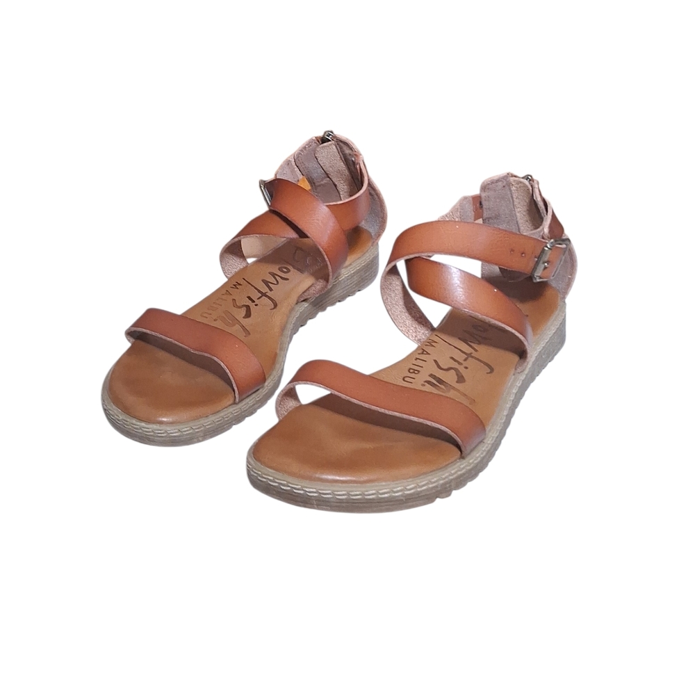 BLOWFISH Women's Size 7 Brown Vegan Leather Ankle Strap Back Zip Sandals